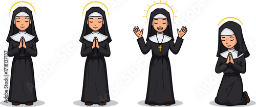 Cartoon nun characters, Catholic sisters praying, religious women illustration, Christian devotion art, vector drawing of nuns, faith, spirituality, religion, church