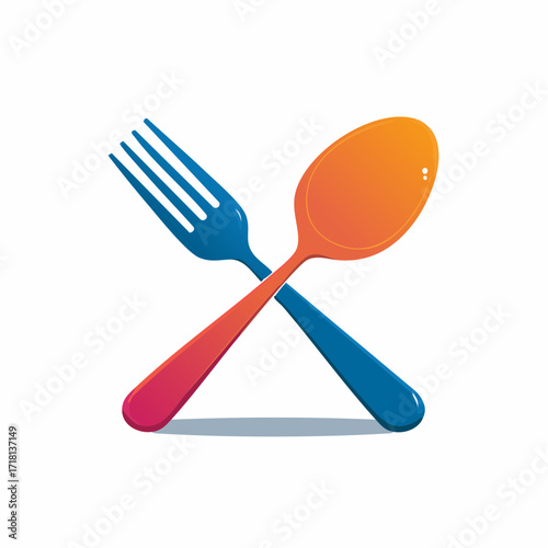 Crossed fork and spoon in vibrant colors, suggesting food or dining.