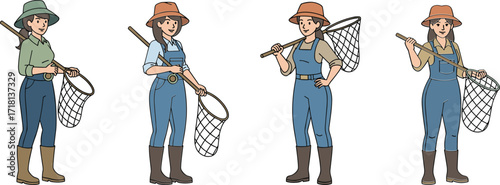 Cartoon women fishing, female characters with fishing net, outdoor activity, adventure lifestyle, catching fish, summer holiday illustration, farm work design