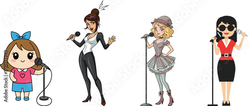 Cartoon women singing with microphone illustration, cute characters performing music concert, karaoke stage entertainment, fashion outfits, vocal show, animation art design