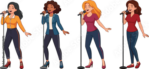 Cartoon women singing with microphone illustration, character art for music concert, karaoke stage performance, vocal entertainment, fashion style, animated drawing