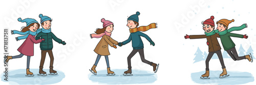 Couples ice skating together on frozen lake, winter outdoor activity, festive season illustration, people enjoying snow, cartoon vector art with fun.