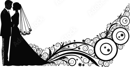 Elegant wedding couple silhouette with floral decorative bridal gown design, romantic bride and groom vector illustration for love, ceremony, celebration theme