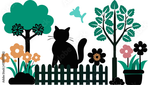 Fish in pond, Dog in garden, Frog on leaf, Chicken coop, Garden cat silhouette, Robin bird, Squirrel, Hedgehog, Snail, Dragonfly, Butterfly, Honeybee Ladybug, Earthworm, 