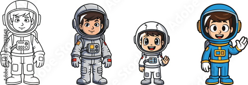 Cute cartoon astronaut kids, children in colorful space suits, vector illustration, space exploration theme, cosmic adventure art, astronaut costume design