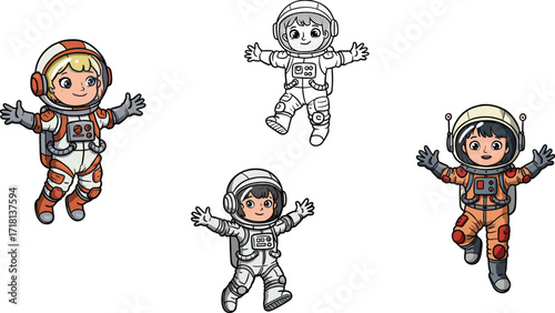 Cute cartoon astronauts, children in colorful space suits, vector space exploration art, cosmic adventure illustration, kids in astronaut costume, galaxy design