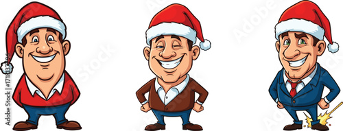 Funny cartoon Santa characters wearing Christmas hats, holiday festive illustration, joyful design, winter celebration artwork, happy humor cartoon vector, holiday season.