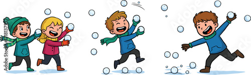 Happy children playing snowball fight, winter outdoor fun activity, kids enjoying snowy day, cartoon illustration of holiday season game in snow