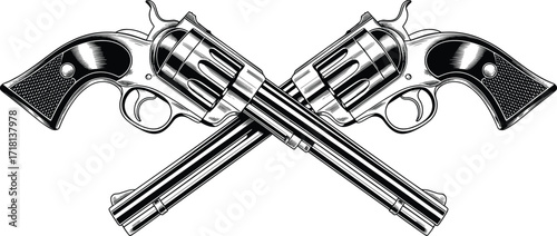Black and white crossed revolvers vector illustration with classic pistol detail, Western firearm sketch for bold, symmetrical, vintage-themed graphic design