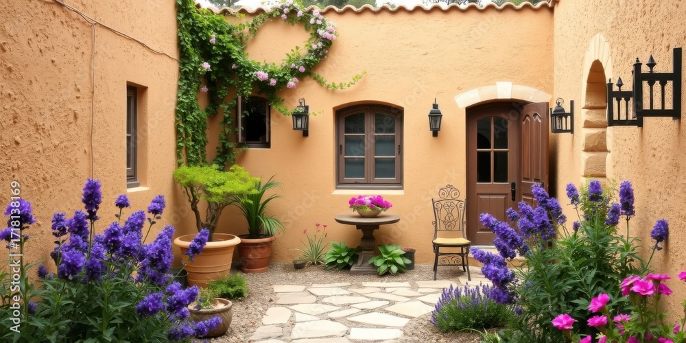 Naklejka premium Charming mediterranean courtyard with purple flowers and rustic architecture