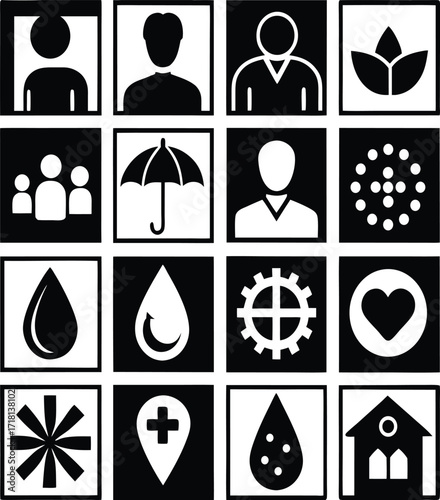 Collection of diverse icons representing people health nature industry and home simple silhouette graphics for applications and websites