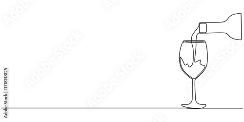 Wine glass with bottle Continuous one line drawing,   Wine Bottle and Wine Glass Continuous Line Icon, Winery continuous line drawing with color shapes
