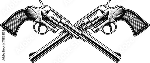 Black and white crossed revolvers vector illustration with vintage handgun detail, Western weapon art for bold, symmetrical, retro-themed design use