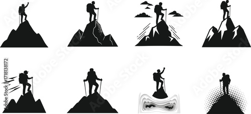 Black and white vector illustration of hikers on mountain peaks in various poses, adventure climbing, trekking, victory, outdoor exploration scenes