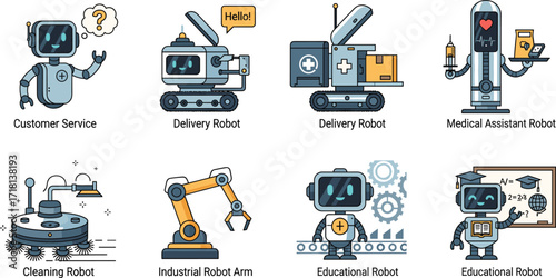 Robot function illustration set, customer service, delivery, medical assistant, cleaning, industrial arm, educational bot, cartoon tech icons