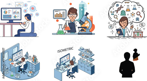 Scientific research illustrations, laboratory scenes, data analysis, science education, experiment setup, lab equipment, isometric lab, science icons, research legacy
