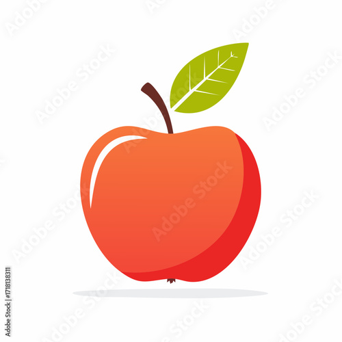 A single red apple with a green leaf on a white background.