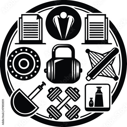 Circular emblem design featuring fitness health dentistry and document icons for gyms and wellness centers