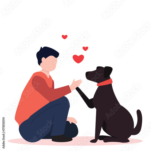 Young man with cute dog. Happy Pet and owner spending time together. vector illustration