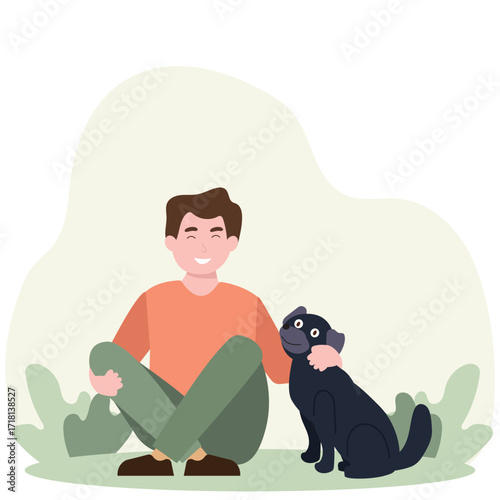 Young man with cute dog. Happy Pet and owner spending time together. vector illustration