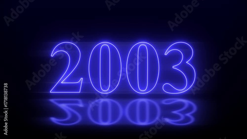 Futuristic glowing neon light 2003 Year text animation. Animated text 2003 neon glowing with reflection, Glowing neon number text background 4k video animation .Digital font against a dark background.