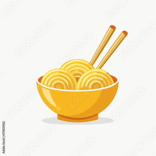A bowl of noodles with chopsticks.