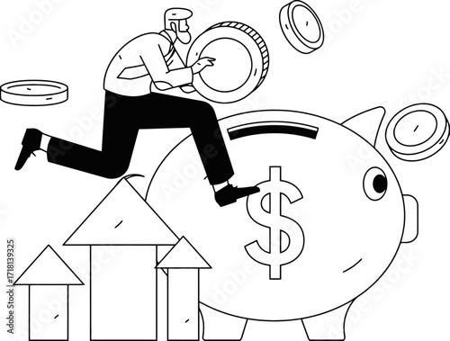 Dynamic businessman actively saving money by depositing coins into a piggy bank symbolizing financial growth and investment success with upward trend arrows