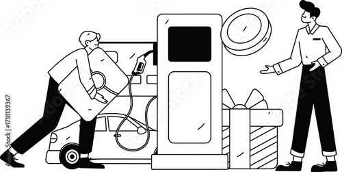 Man fueling car with giant credit card while attendant offers coin and gift, symbolizing financial convenience and rewards at the pump
