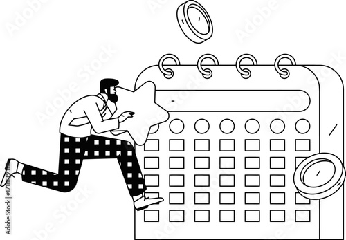Energetic businessman reaching for star award on calendar grid, symbolizing goal achievement and successful planning for impactful business growth