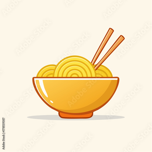 A simple, stylized illustration of a bowl of ramen noodles with chopsticks resting on top, set against a plain background.