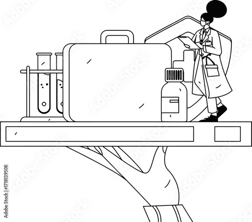 Scientist presenting medical research findings with lab equipment and briefcase for professional presentations and academic discovery