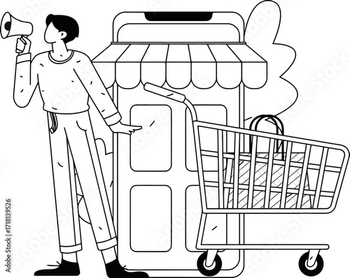 Dynamic entrepreneur announces online store success with megaphone beside smartphone storefront and shopping cart full of purchases, driving e-commerce growth and consumer engagement.