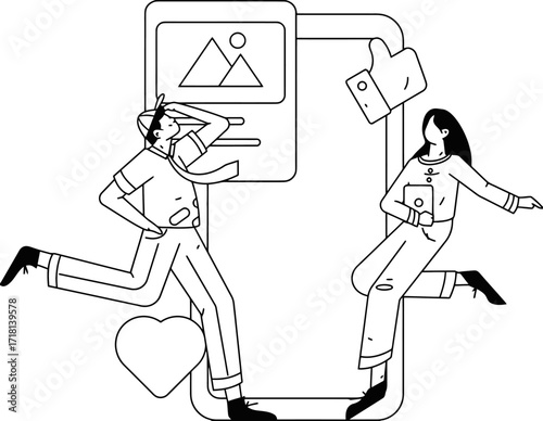Dynamic duo engaging with social media trends and digital content, celebrating online engagement and viral success with modern app interface and positive feedback icons.