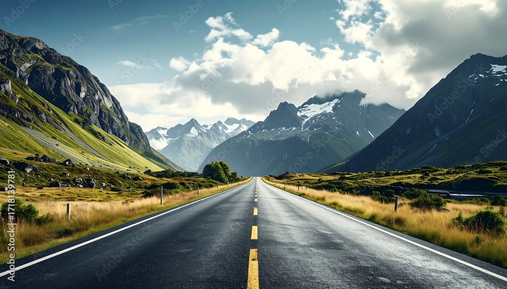 Naklejka premium Scenic mountain road stretches into a valley