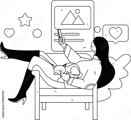 Woman relaxing on sofa with cat, scrolling through social media feed, receiving likes and hearts, a moment of peaceful digital engagement and content consumption