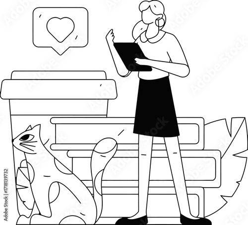 Modern businesswoman with tablet and coffee enjoys a moment of inspiration near her feline companion surrounded by books, symbolizing productivity and creative thought