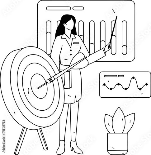 Confident professional woman guides strategic planning with target dartboard and insightful analytics charts for business success and growth achievement
