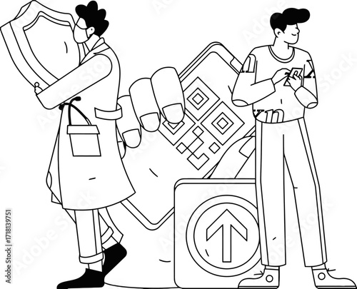 Secure digital transactions with QR codes and protective shields symbolizing online safety and modern business connections for a tech-savvy world