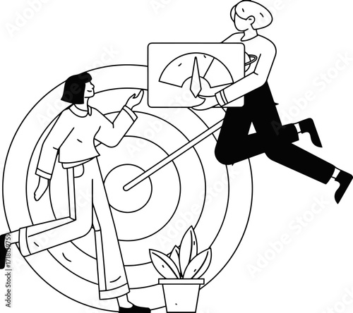 Dynamic duo achieving business goals with precision, hitting targets with a performance meter, symbolizing success and growth in modern strategy
