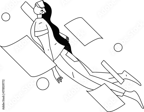 Dynamic person in motion surrounded by floating papers and spheres, symbolizing creativity, ideas, and abstract thought in a minimalist style