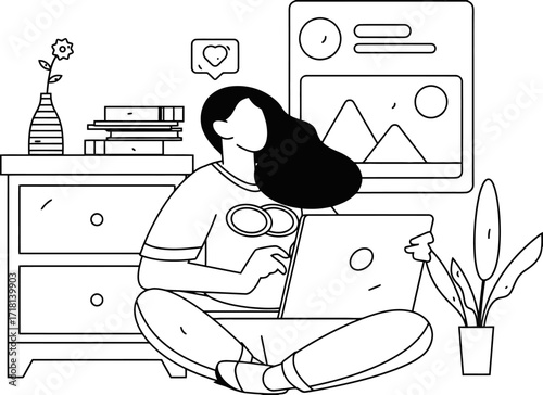 Young creative woman working on laptop from home surrounded by books and plants, feeling inspired and connected, enjoying modern lifestyle and digital communication.