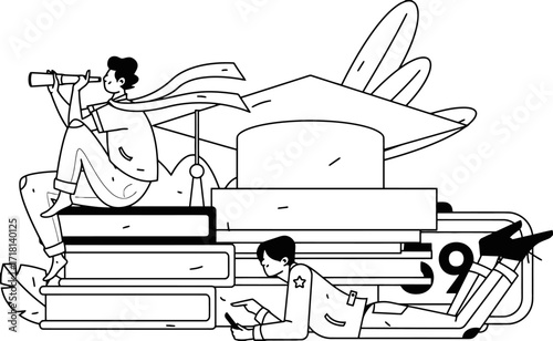 Ambitious student exploring vast knowledge with telescope and digital device atop stacked books, reaching for academic success and futuristic learning.