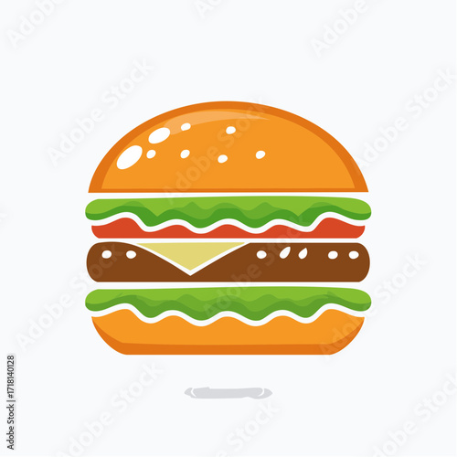 A vibrant, stylized illustration of a classic cheeseburger with a sesame seed bun, lettuce, tomato, cheese, and a beef patty.