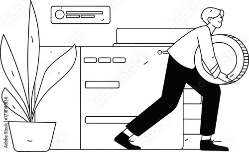 Energetic businessman carrying a large tire with determination, symbolizing drive, progress, and overcoming challenges in a modern, abstract setting