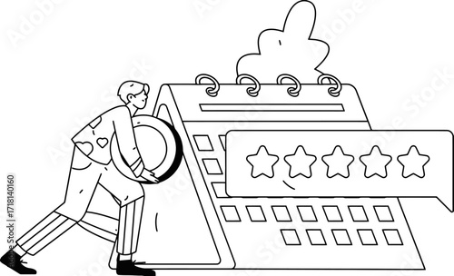 Dynamic business professional strategically placing a star rating on a calendar planning review session for optimal customer satisfaction and service excellence