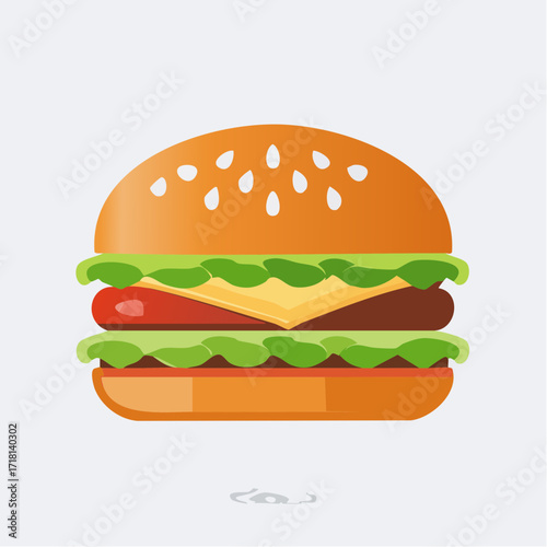 A colorful, flat-design illustration of a classic hamburger with a sesame seed bun, beef patty, cheese, tomato, and lettuce layers on a plain background.