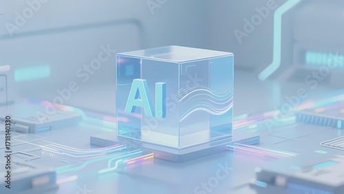 Transparent cube with AI text and circuit patterns on a futuristic technological background