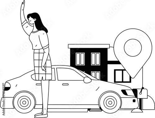 Confident woman hails ride-sharing car near modern building and location pin symbolizing convenience and urban mobility solutions
