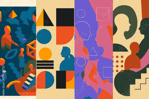 A vibrant digital illustration captures three diverse individuals engaged in a dynamic discussion, surrounded by abstract geometric shapes symbolizing shared ideas and creative problem-solving.
