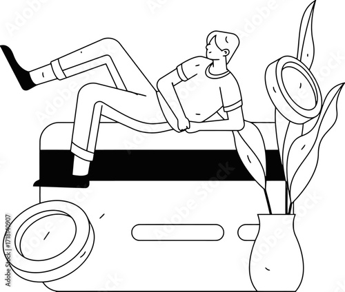 Relaxed person lounging on a giant credit card enjoying financial freedom and effortless spending with decorative elements suggesting comfort and ease